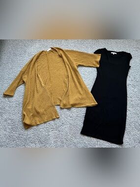 Velvet Torch Mustard Ribbed Open Cardigan and Black Dress Shown